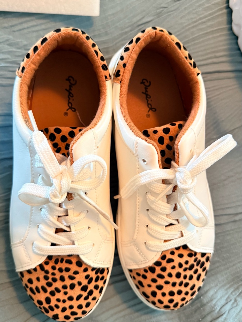 Qupid White Sneakers with Tan and Black Leopard Accents